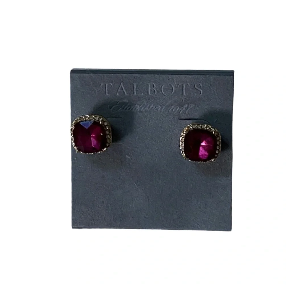 TALBOTS Gorgeous Cushion Cut Dark Pink Halo Sparkle Setting Gold Stud Ea…